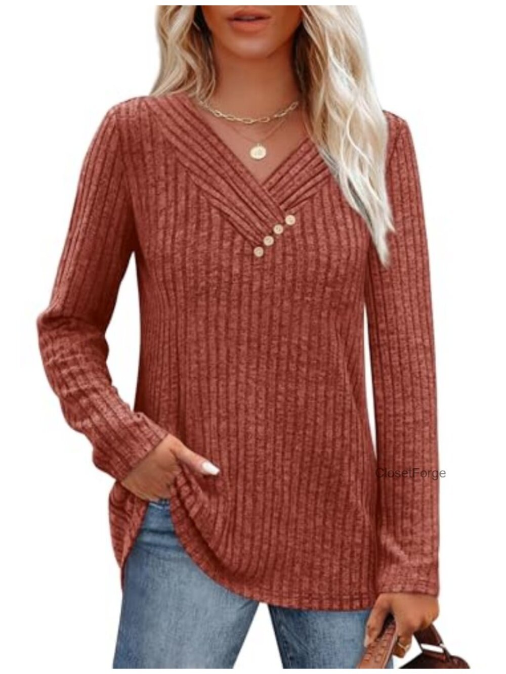 V Neck Long Sleeve Sweater with Buttons Lightweight Knit Pullover